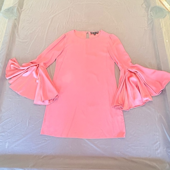 Elizabeth and James Pink Boatneck Fluted Sleeve Silk Mini Shift Dress XS $495 - Picture 3 of 15
